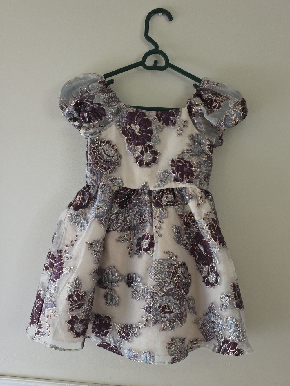 Rare Editions Purple & Silver Floral Puff Sleeve Dress